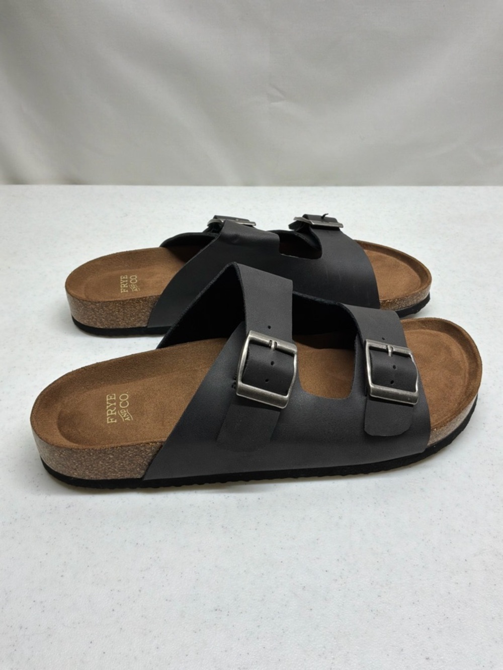 Frye and Co. Black Double-Buckle Cork-Style Slide Sandals